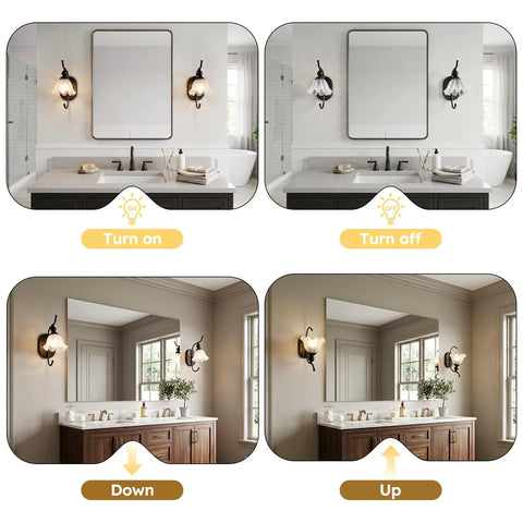PUMING Black Wall Sconces Set of Two, Vintage Vanity Light Fixture with Flower Glass Shade, mounted up and down in bathroom.