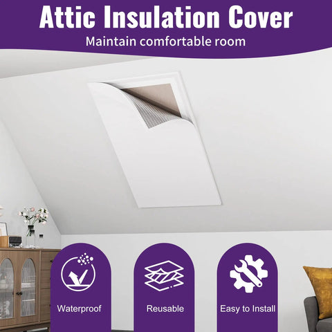 Heavy Duty Attic Stairs Insulation Cover With Aluminum Foil Heat Barrier For Ceiling Access Door, white cover on ceiling.