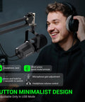 Man using Dynamic USB XLR Podcast Microphone With Boom Arm For Vocal Recording Voice Over And Streaming Studio Metal Mic With Mute Button Headphone Jack And Monitor Volume Control SL40 Plus
