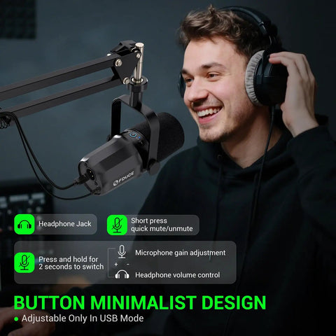Man using Dynamic USB XLR Podcast Microphone With Boom Arm For Vocal Recording Voice Over And Streaming Studio Metal Mic With Mute Button Headphone Jack And Monitor Volume Control SL40 Plus