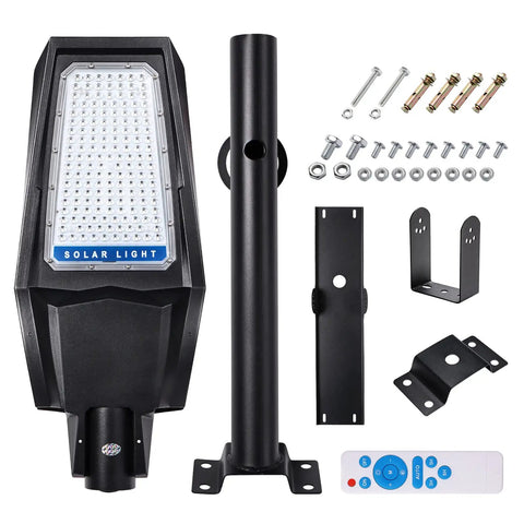Beast Mode Bright 1000W LED Solar Street Light With Remote Control and mounting hardware, IP65 waterproof for outdoor use.