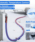 Side view of heated RV water hose, 100 ft x 5/8 in, auto thermostat, blue/red exterior, connected to outdoor faucet