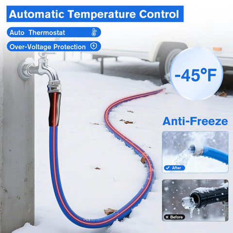 Side view of heated RV water hose, 100 ft x 5/8 in, auto thermostat, blue/red exterior, connected to outdoor faucet