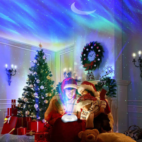 Family enjoying Christmas with Galaxy Projector Night Light With Bluetooth Speaker And Remote Aurora Sky Lighting For Kids