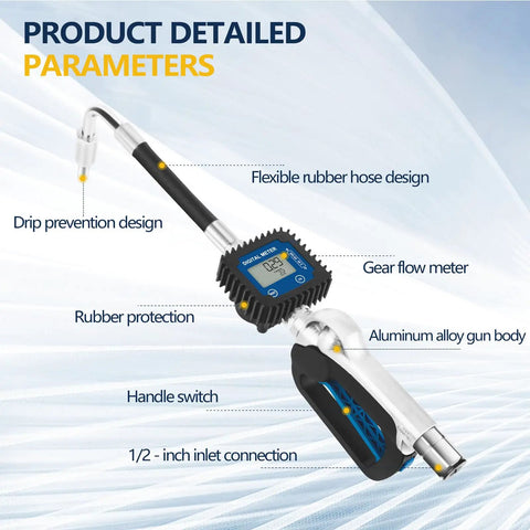 Beefed Up Heavy Duty Air Operated Oil Flow Meter Dispenser Nozzle Digital Metering Gun One Half Inch NPT Inlet 10 GPM And 35 LPM
