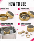 Brass And Stainless Steel Mesh Ultrasonic Cleaner Basket Set Built Tough Like Nails For Tiny Watch Parts Delicate Charms And Medium Rings Quick Drain Setup Straight Up Deep Clean Power Pack Of 2 showing usage steps.