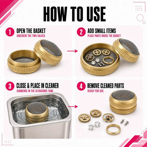 Brass And Stainless Steel Mesh Ultrasonic Cleaner Basket Set Built Tough Like Nails For Tiny Watch Parts Delicate Charms And Medium Rings Quick Drain Setup Straight Up Deep Clean Power Pack Of 2 showing usage steps.
