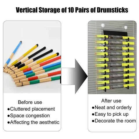 Wall Mounted Drum Stick Holder And Display Rack Heavy Duty Acrylic Organizer For Ten Pairs Of Drumsticks and Lightsabers keeps sticks organized before and after use.