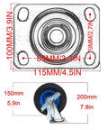 Heavy Duty Swivel Plate Casters With Thick Rubber Tires And Reliable Side Lock Brakes 4 Pack showing dimensions and components.