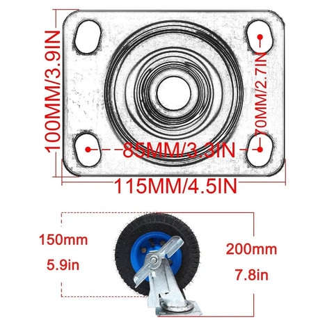 Heavy Duty Swivel Plate Casters With Thick Rubber Tires And Reliable Side Lock Brakes 4 Pack showing dimensions and components.