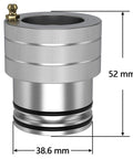 Front view of silver knurled aluminum Maverick X3 wheel bearing greaser tool; 52 mm tall, 38.6 mm diameter