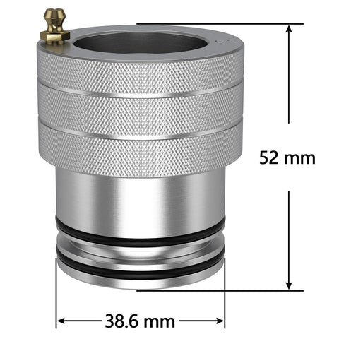 Front view of silver knurled aluminum Maverick X3 wheel bearing greaser tool; 52 mm tall, 38.6 mm diameter