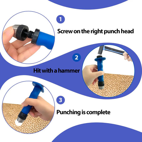 14 Piece Hole Punch Set With Hollow Punch Kit for leather, foam, steps to use punch shaft with blue handle for DIY projects