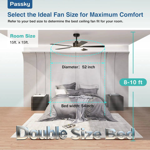 52 Inch Ceiling Fan With Light And Remote, Dimmable 3CCT, Reversible, Quiet Noiseless Black Ceiling Fan For Bedroom And Living Room, Energy Efficient Fast Cooling displayed above double bed, showing room dimensions.