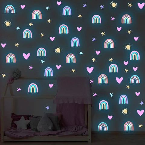 Rainbow Wall Decor Stickers Set With Hearts Stars Suns Watercolor Elements for nursery baby bedroom luminous blue display.
