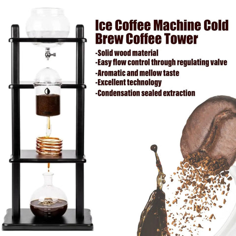 Next Level Slow Drip Cold Brew Coffee Tower With 1000ml Glass Carafe And Sturdy Wooden Stand for smooth ice coffee, featuring a solid wood frame.