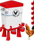 3 Gallon Automatic Chicken Waterer with 5 Foot Pipe and Five Red Nipple Cups Float Control, showing automatic poultry hydration system.