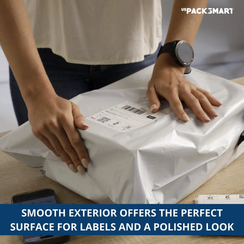 Hands sealing a white poly mailer 10x13 pro-grade durable waterproof tear-proof shipping envelope on table, 100 pack visible