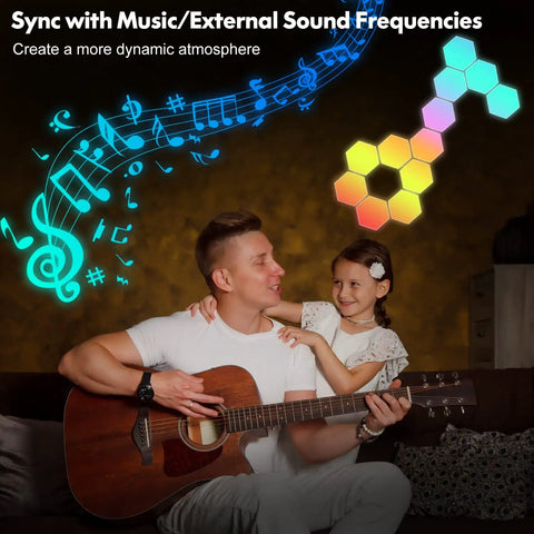 Father playing guitar with daughter, colorful hexagon LED wall panels syncing to music, RGB hex tiles in warm room lighting