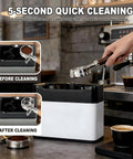 Game Changer Electric Espresso Knock Box And Automatic Portafilter Cleaner With Dual Scrubbers for fast cleanup shown in use.