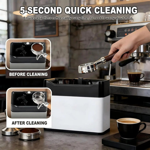 Game Changer Electric Espresso Knock Box And Automatic Portafilter Cleaner With Dual Scrubbers for fast cleanup shown in use.