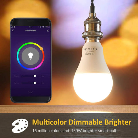 Illuminated Ultra Bright 16W Smart LED Bulb 150W Equivalent 1600 Lumen Full Color Changing next to smartphone app interface