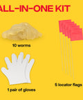 Poison Moleworms Kit For Outdoors With 10 Realistic Moleworms And 5 Tunnel Locator Flags, includes gloves on yellow background