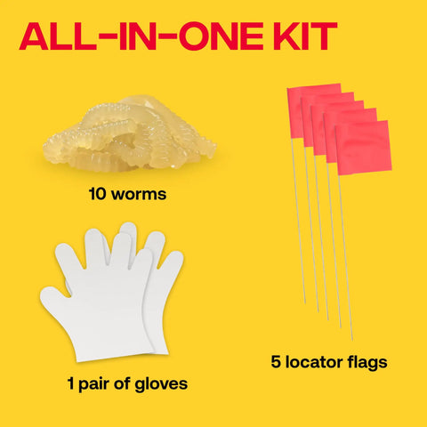 Poison Moleworms Kit For Outdoors With 10 Realistic Moleworms And 5 Tunnel Locator Flags, includes gloves on yellow background