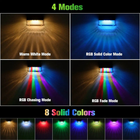 8 Pack Solar Fence Lights With Warm White And RGB Glow Modes Waterproof IP65 Outdoor Lights showing 4 light modes
