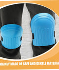 Heavy Duty Work Knee Pads For Men And Women With Tight Non Slip Grip Two Pairs In Sharp Blue And Black shown on knees.
