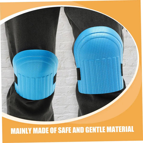 Heavy Duty Work Knee Pads For Men And Women With Tight Non Slip Grip Two Pairs In Sharp Blue And Black shown on knees.