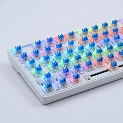 Blue 3-Pin Clicky Mechanical Keyboard Switches 50gf Actuation, Tactile And Audible Feedback, 30-Piece Bulk Pack For DIY Keyboards, Gaming, Typists, And Fidget Enthusiasts on white keyboard plate