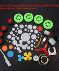 Plastic Crown Gear Set For DIY Robots And Toys, Motor Gear Kit with wheels, gears, motors, pulleys, and assembly parts.
