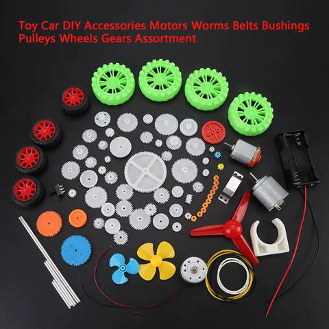 Plastic Crown Gear Set For DIY Robots And Toys, Motor Gear Kit with wheels, gears, motors, pulleys, and assembly parts.