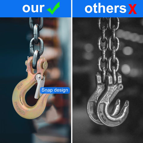 Side by side comparison of Ten Pack Five Sixteenth Inch Forged Steel Clevis Slip Hooks With Safety Latch and other hooks