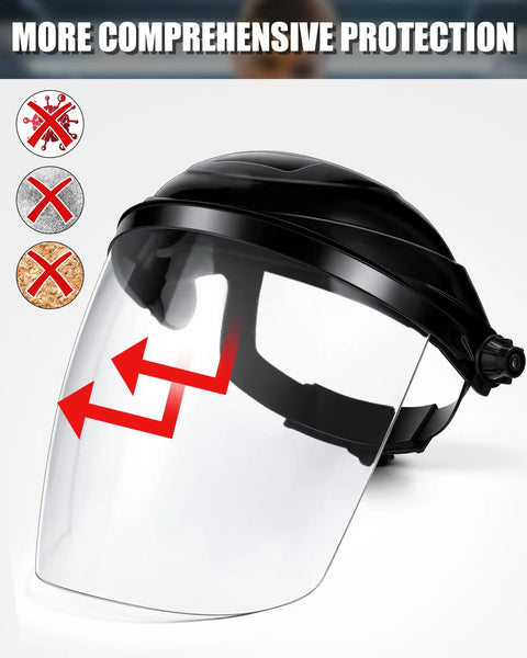 Four Pack Clear Face Shield With Shatterproof Lens For Grinding Cutting Sanding And Metal Jobs Heavy Duty Workhorse protective visor with adjustable straps.