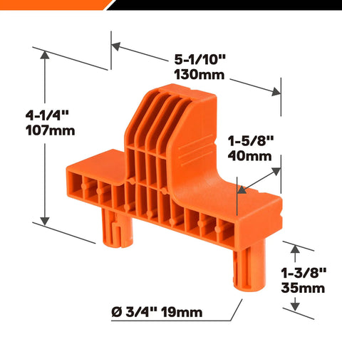 Orange clamp dog with dimensions for 4 Pack Clamp Dogs Kit For Portable Folding Work Table Boss Grade Pins And Grips.