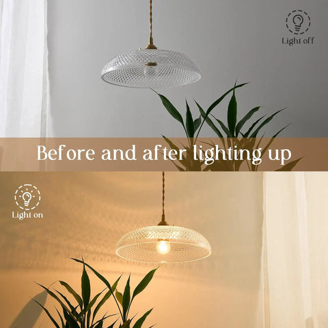 11.8 Inch Retro Glass Pendant Light with clear glass shade, antique brass finish, adjustable gold braided cord, lit and unlit view.