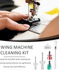 Hands using 7 Piece Sewing Machine Cleaning Kit with curved nose tweezers and other tools on sewing machine for maintenance