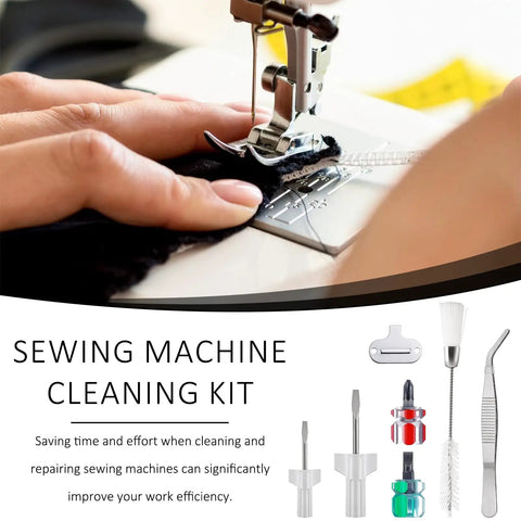 Hands using 7 Piece Sewing Machine Cleaning Kit with curved nose tweezers and other tools on sewing machine for maintenance