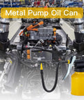 Dual spout metal pump oiler can with yellow powder coating, ideal for precise lubrication in car, bike, and machinery maintenance.
