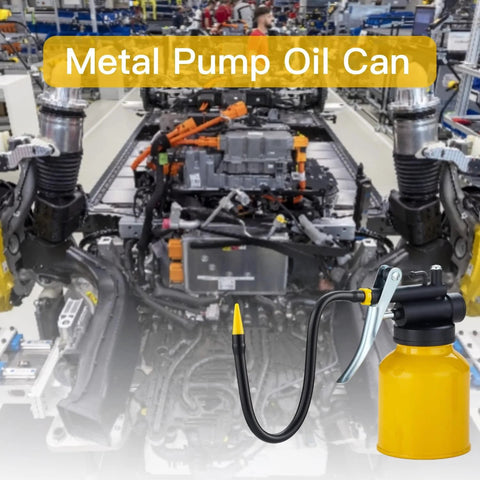 Dual spout metal pump oiler can with yellow powder coating, ideal for precise lubrication in car, bike, and machinery maintenance.