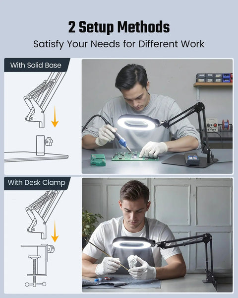 Crystal Clear 10X Square Magnifying Desk Lamp With Dimmable LED Light Clamp Or Base Mount used on desk for precision tasks