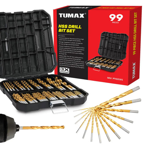 Titanium Coated Drill Bit Set 99-Piece High Speed Steel Twist Bit Kit With Storage Case shown open with bits displayed
