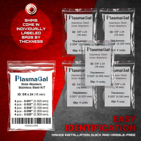 Shim washers kit, PlasmaGal stainless steel, 5/8x24, 20 pcs, 4 per thickness (0.001-0.020 in) for muzzle alignment