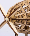 Close-up of laser-cut wood air vehicle with propeller, part of a 3D Jigsaw Puzzle Construction Set DIY Mechanical Model Build Kit