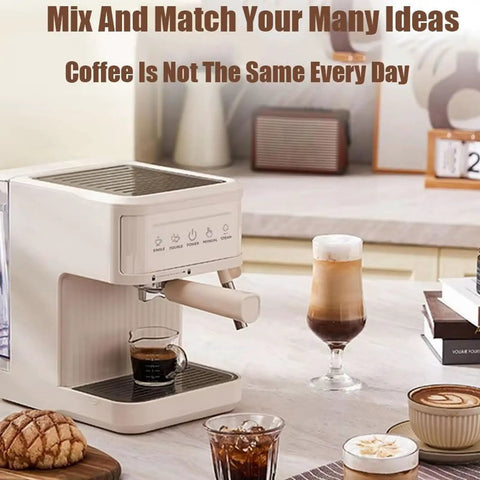 Touchscreen Espresso Coffee Machine Featuring Built In Milk Frother Semi Automatic Brewer And High Pressure Pump For No Brainer Cafe Shots And Smooth Sips Daily with iced coffee and various cups.