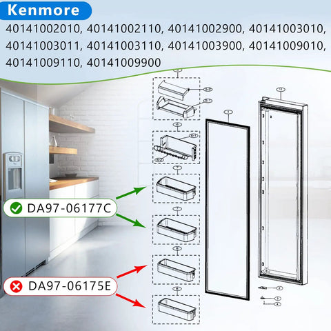 Diagram of Door Shelf Basket Bin For Samsung And Kenmore Refrigerators, with each bin labeled, showing DA97-06177C fit.