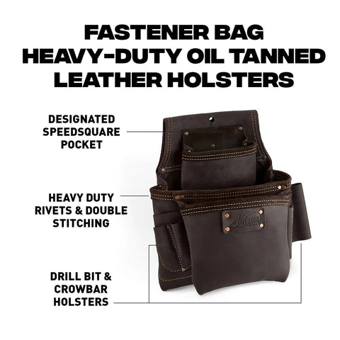 Oil Tanned Leather Tool Pouch Belt Bag Built For Tough Jobs With Double Stitching And Two Layer Construction, Heavy Duty Fastener Pouch For Chalk Line, Tape Measure, Hammer, Crowbar And More