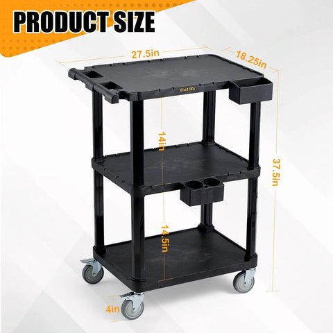 Rock Solid 3 Tier Heavy Duty Rolling Utility Cart Built Different With Hella Tough Polypropylene Shell Rust Resistant Foam Core Mobile Workstation For Garage And Workshop Tool Storage dimensions 27.5x18.25x37.5 inches
